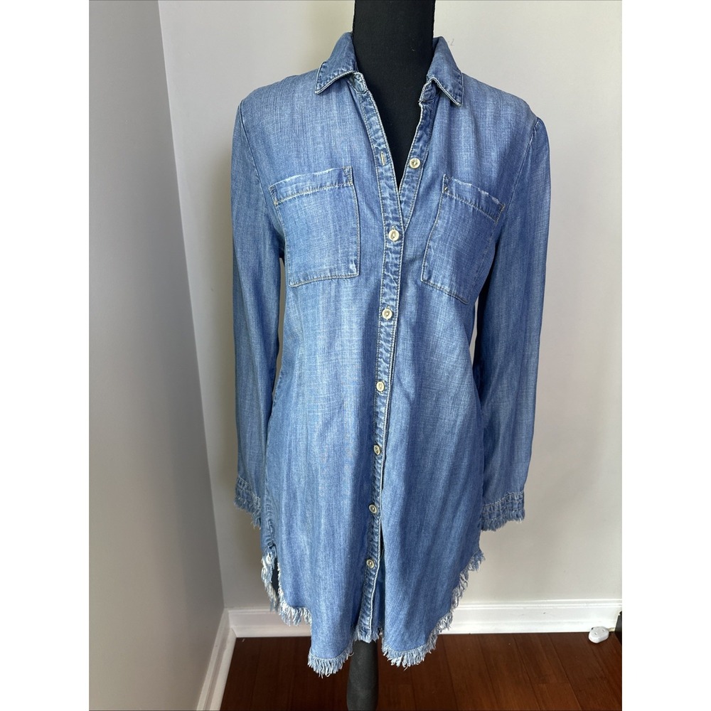 Workshop Republic Denim Shirt‎ Dress Womens S Blue Fringe Hem Tencel Tunic
